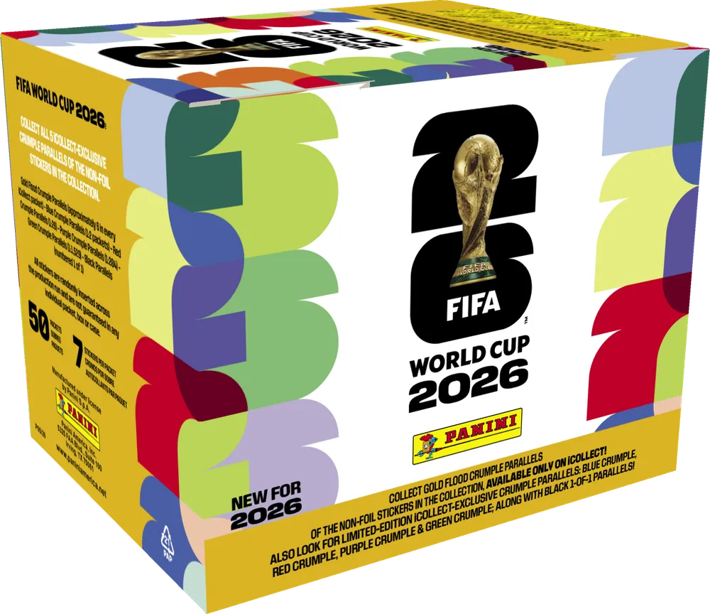 iCollect Sticker Box FIFA World Cup 2026 — caja con 50 sobres y 4 figuritas iCollect exclusivas